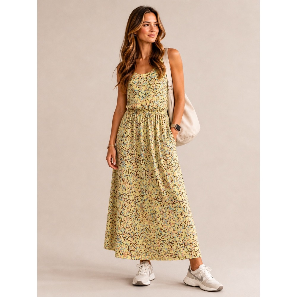 W118 by Walter Baker Yellow Abstract Print Sleeveless Maxi Dress Side Slit  M